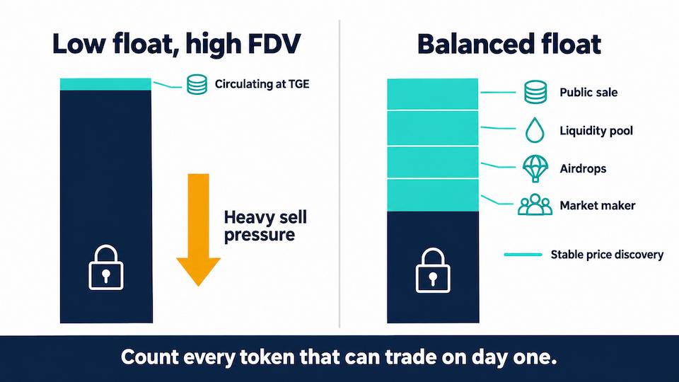 Diagram comparing a low-float and a balanced-float IDO, showing how day-one circulating supply from public sale, liquidity, airdrops and market makers affects sell pressure at TGE