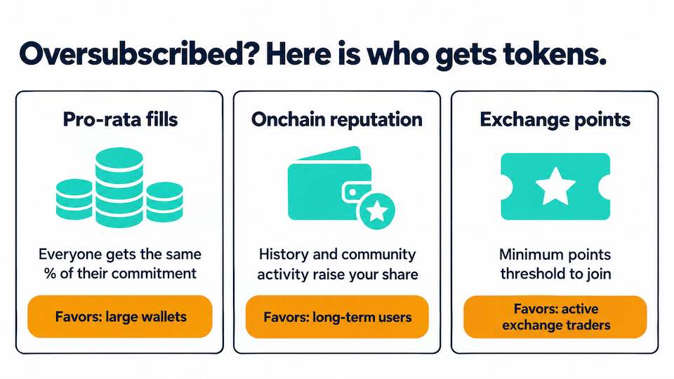 Explainer graphic showing three ways an oversubscribed IDO allocates tokens: pro-rata fills, onchain reputation scoring and exchange points thresholds, with the type of holder each method favors