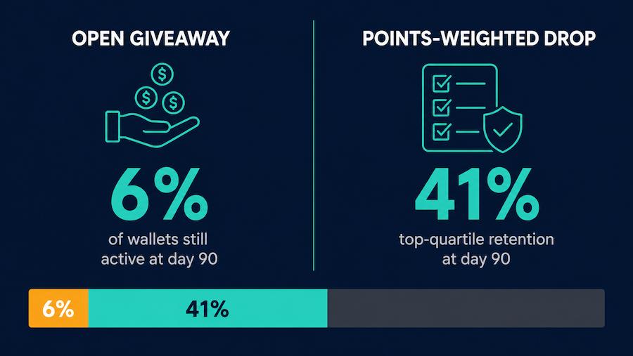 Comparison diagram showing why 78 percent of airdrop recipients sell within 24 hours while task-weighted points programmes retain 41 percent of wallets at day 90