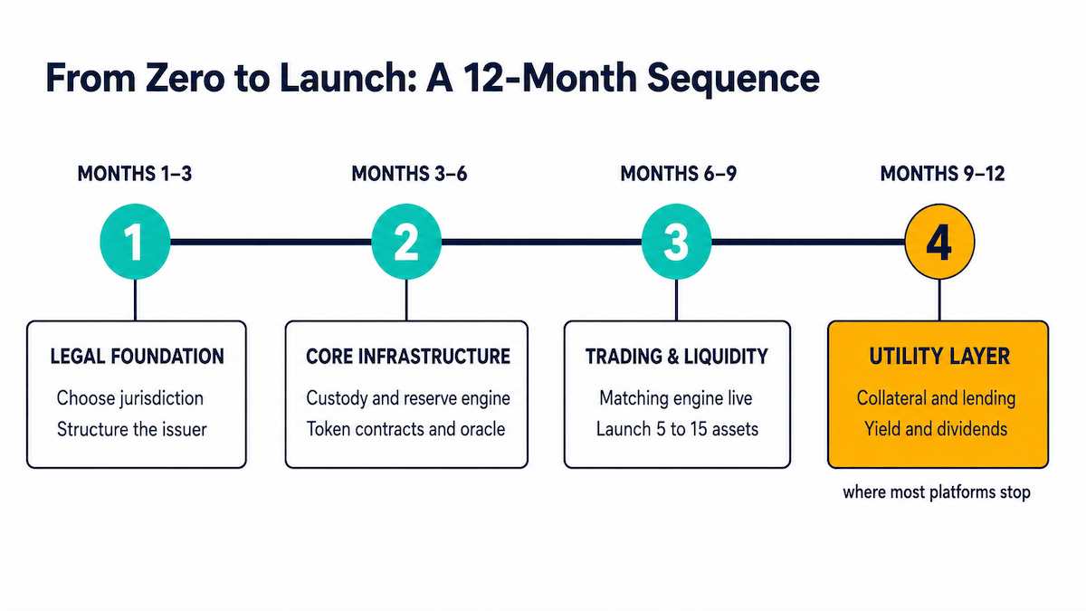 Four-phase launch timeline for a tokenized stock platform