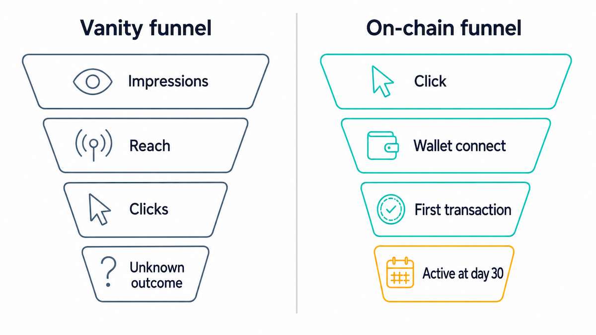 Funnel comparison diagram showing vanity metrics like impressions and clicks against on-chain attribution stages including wallet connects, first transaction and 30-day retention