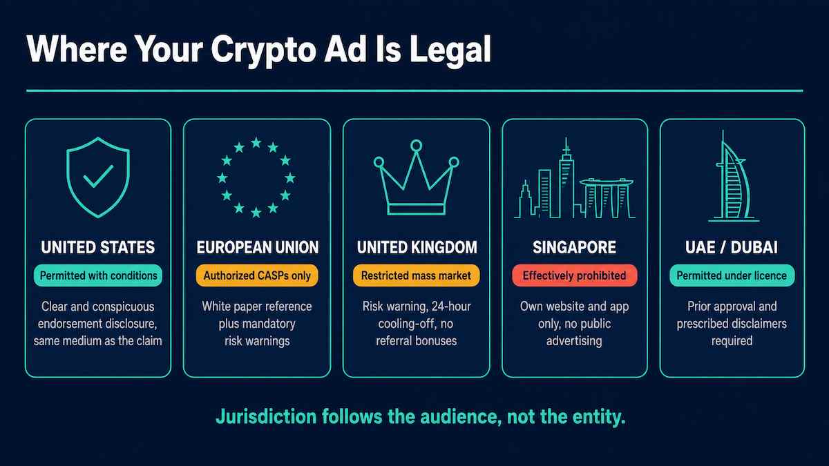 Comparison chart showing how crypto advertising rules differ across the United States, European Union, United Kingdom, Singapore, and the UAE