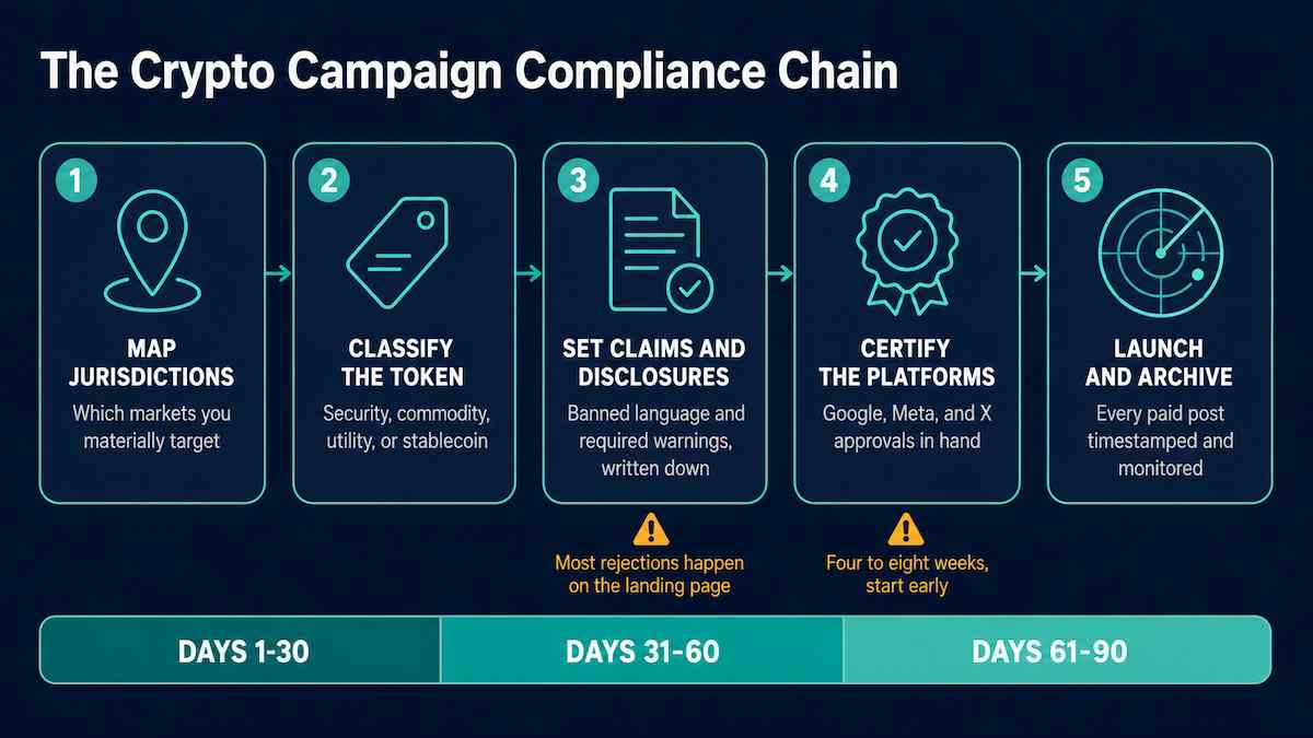 Left to right workflow diagram showing a crypto campaign moving through jurisdiction mapping, claim review, disclosure standards, platform certification, and archived monitoring
