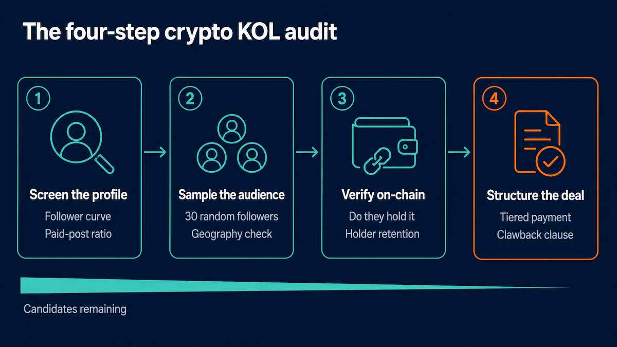 Left to right flow diagram of a crypto KOL audit process moving from profile screening to audience sampling to on-chain wallet verification to contract terms and post-campaign measurement