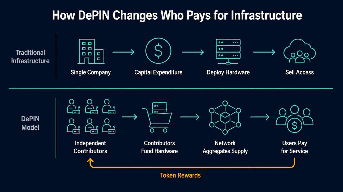 Flat left to right flow diagram comparing traditional centralized infrastructure deployment with a DePIN model where contributors supply hardware and earn token rewards from network demand