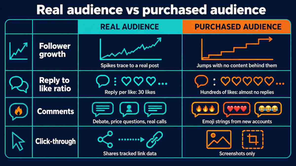 Side by side comparison showing signals of a real crypto KOL audience versus a purchased audience, covering follower growth curve, reply to like ratio, comment quality, and click-through behaviour