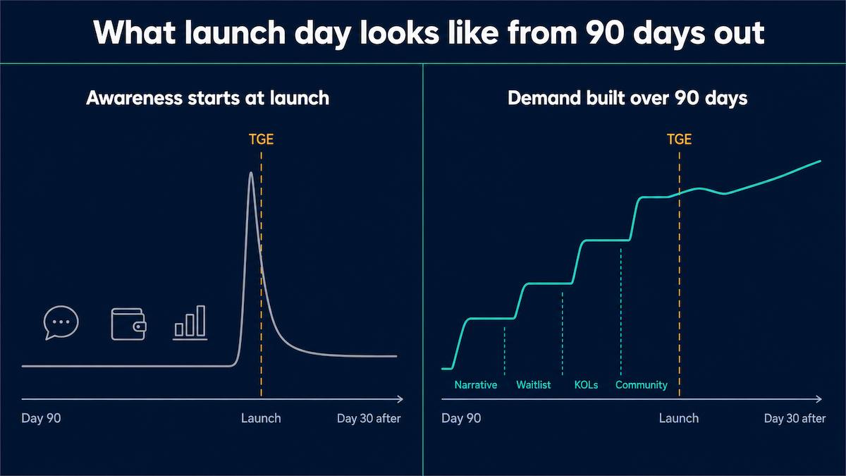 Comparison diagram showing a token launch with 90 days of pre-built demand versus a launch where awareness starts on listing day