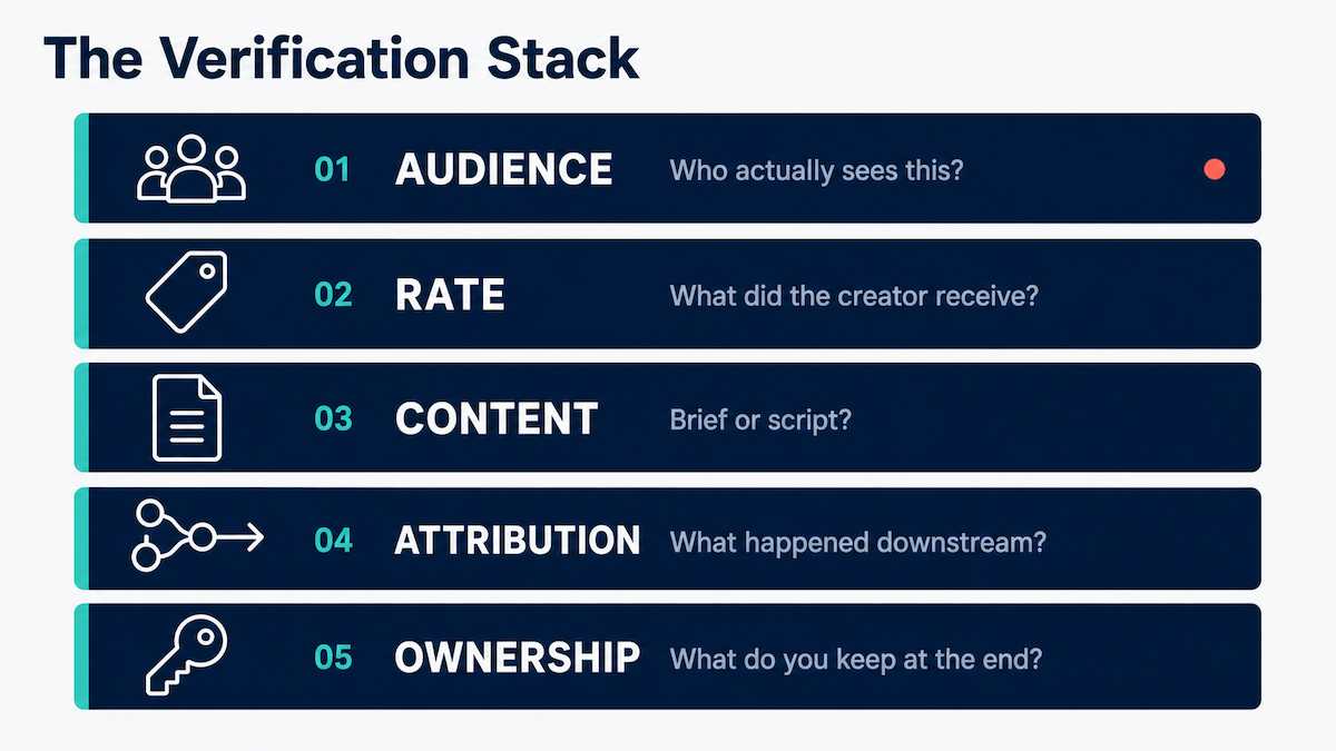 Diagram of the five-layer Verification Stack for crypto KOL campaigns showing audience, rate, content, attribution and ownership layers