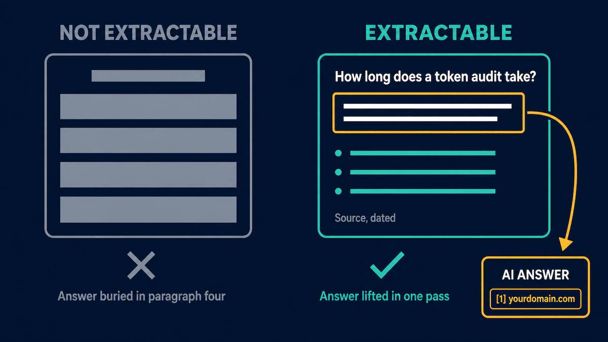 Comparison of an unstructured blog page versus an extractable page structure that AI engines can quote