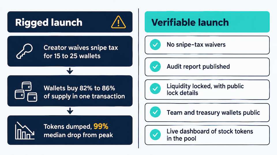 Side-by-side comparison of a rigged stock-paired meme coin launch, where the creator waives the snipe tax for 15 to 25 wallets that buy 82 to 86 percent of supply in one transaction, versus a verifiable launch with no waivers, a published audit, locked liquidity, public wallets and a live pool dashboard