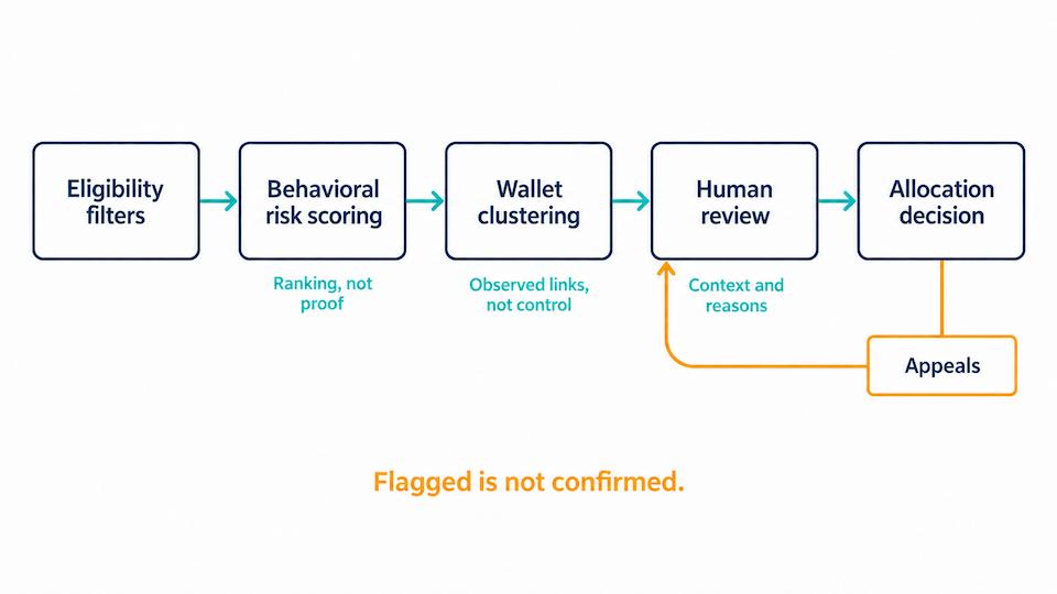 Flow diagram of an airdrop eligibility process moving from filters to risk scoring, clustering, human review, appeals, and the final allocation decision