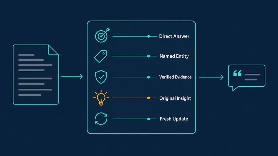Anatomy of a quotable Web3 content section showing direct answer, named entity, verified evidence, original insight and freshness marker