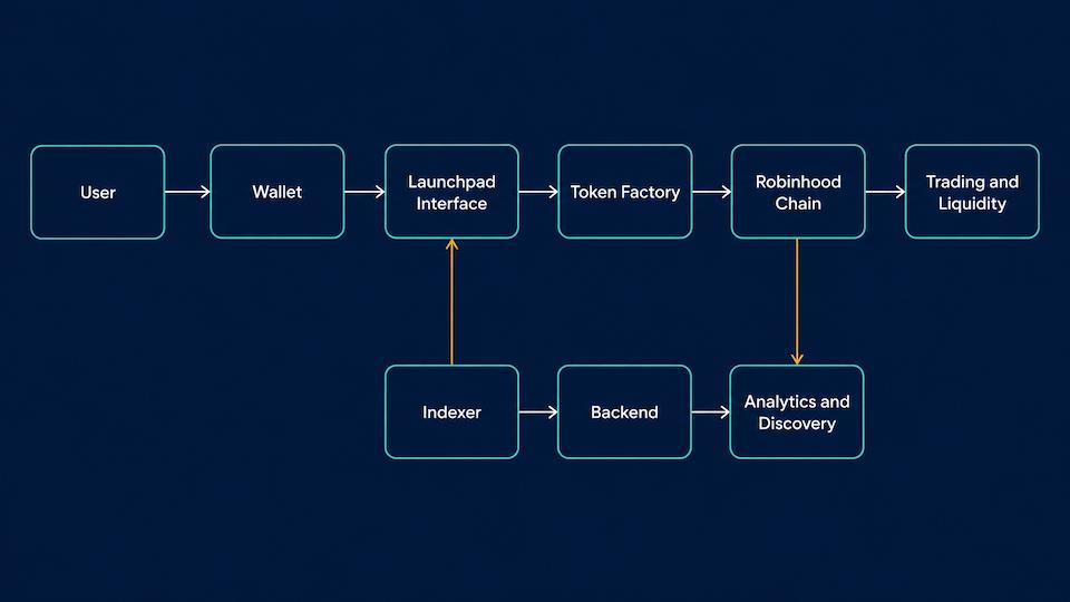 Architecture diagram of a Robinhood Chain launchpad showing user wallet connecting to the launchpad interface, token factory contract, Robinhood Chain settlement, and Uniswap liquidity, with an indexer feeding the backend and analytics discovery layer