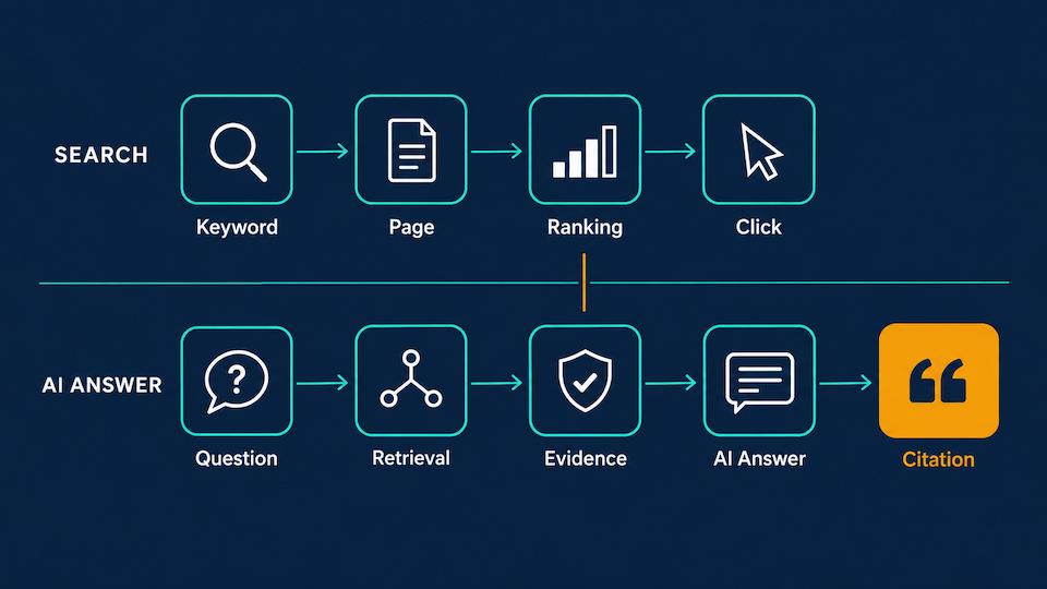 Comparison of a traditional search path from keyword to ranking to click and an AI answer path from question to retrieval to evidence to citation