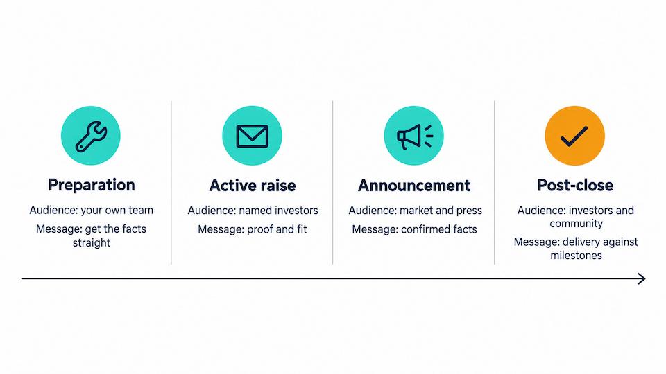 Four-stage diagram showing how the audience and message change across preparation, active fundraising, announcement, and post-close delivery