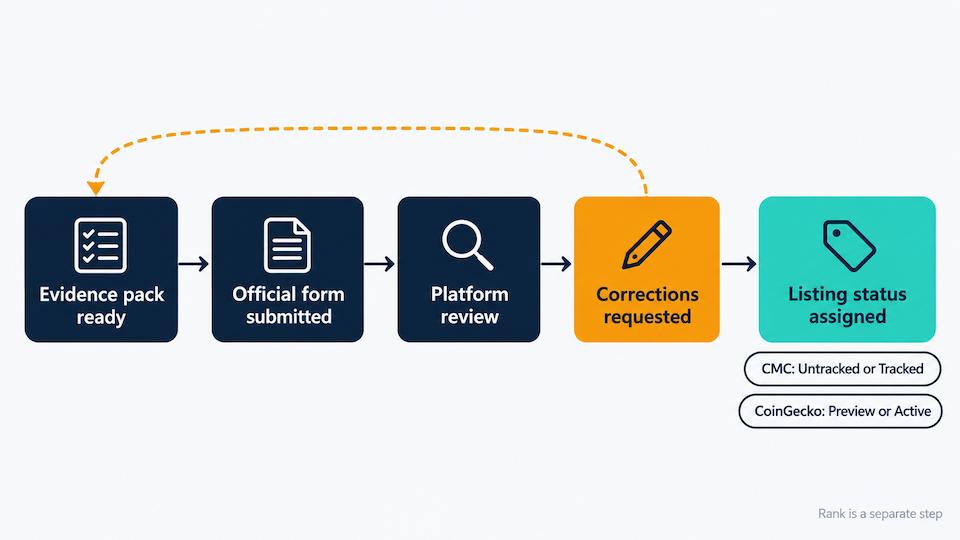 Flow diagram showing a crypto project moving from submission readiness to platform review, with a correction loop back to evidence, before reaching a listing status