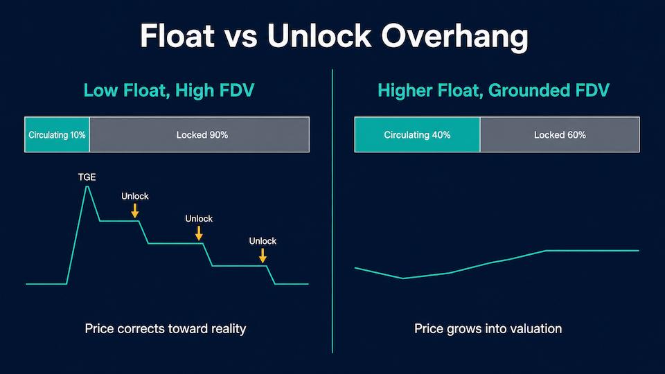 Diagram comparing a low float high FDV token launch with a high float sustainable launch, showing unlock overhang and price impact over time