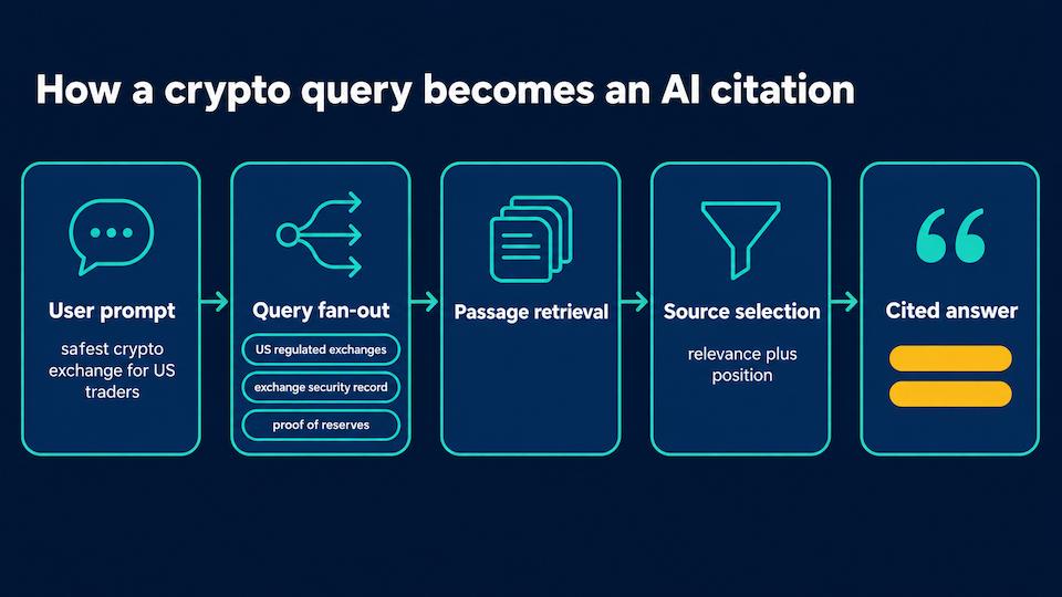 Five-stage flow diagram showing how a crypto prompt becomes an AI citation: user prompt, query fan-out into sub-queries, passage retrieval, source selection, and the final cited answer