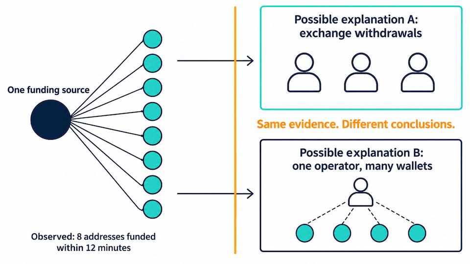 Diagram showing one wallet funding pattern with two possible explanations, a legitimate exchange withdrawal group and a coordinated farming cluster