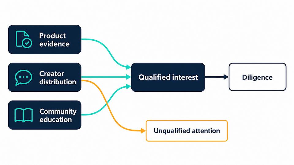Diagram showing how product evidence, relevant creator distribution, and community education feed into qualified investor interest, with unqualified attention shown as a separate outcome
