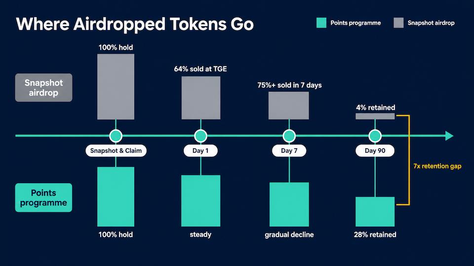 Left to right timeline showing airdrop sell pressure from snapshot to day 90, comparing snapshot airdrop retention with points-based programme retention