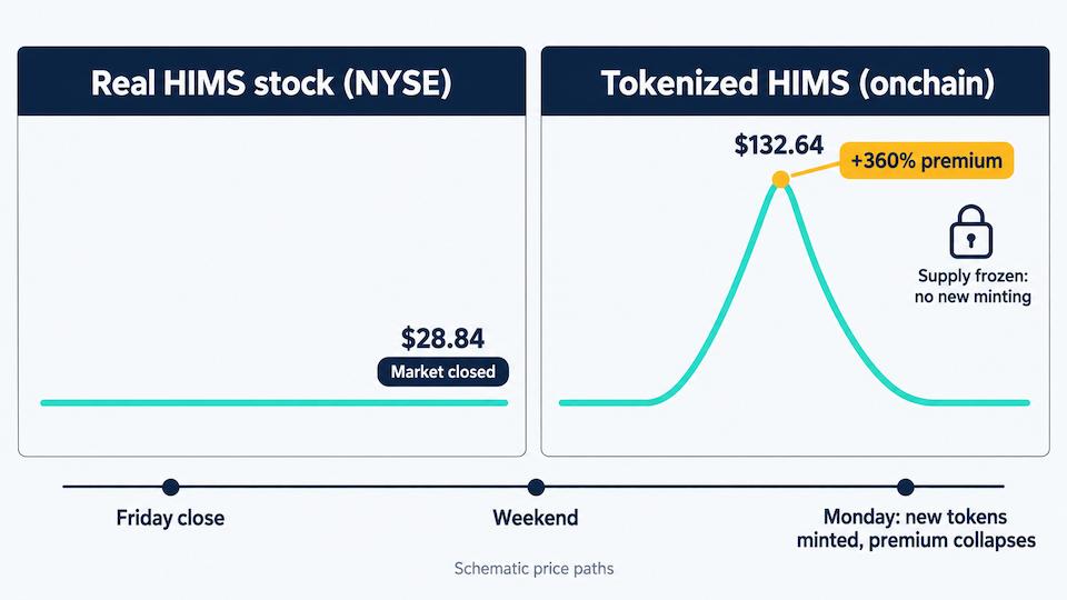 Side-by-side chart comparing the real HIMS stock price at 28.84 dollars with the tokenized HIMS price spiking to 132.64 dollars over a weekend while the NYSE was closed and new stock tokens could not be minted