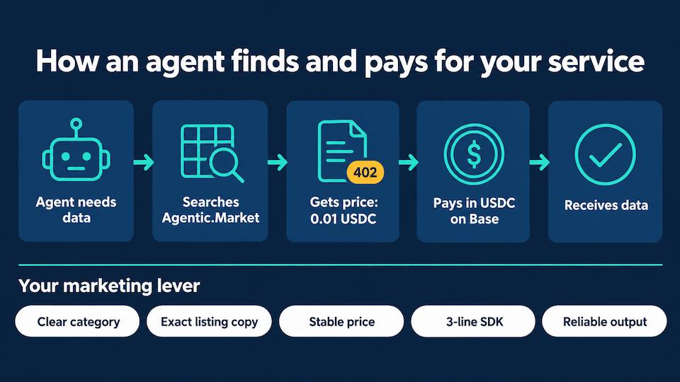 Flow diagram showing how an AI agent finds a service on Agentic.Market, receives an HTTP 402 price response, pays in USDC on Base and receives data