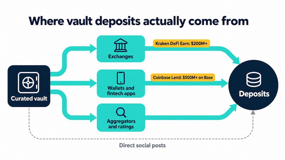 Flow diagram showing how DeFi vault deposits reach a curated vault through exchanges, wallets and aggregators versus direct retail marketing