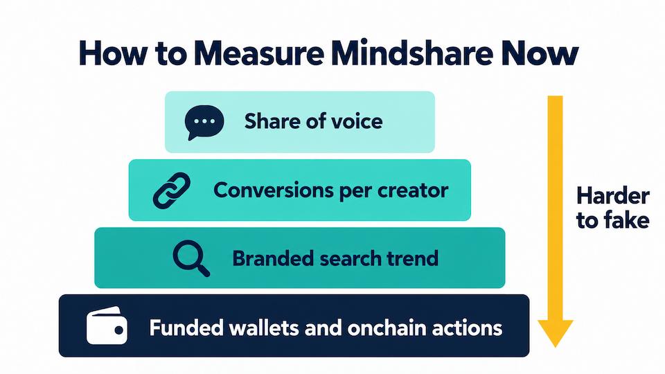 Crypto mindshare measurement stack comparing share of voice with creator conversions, branded search and onchain actions
