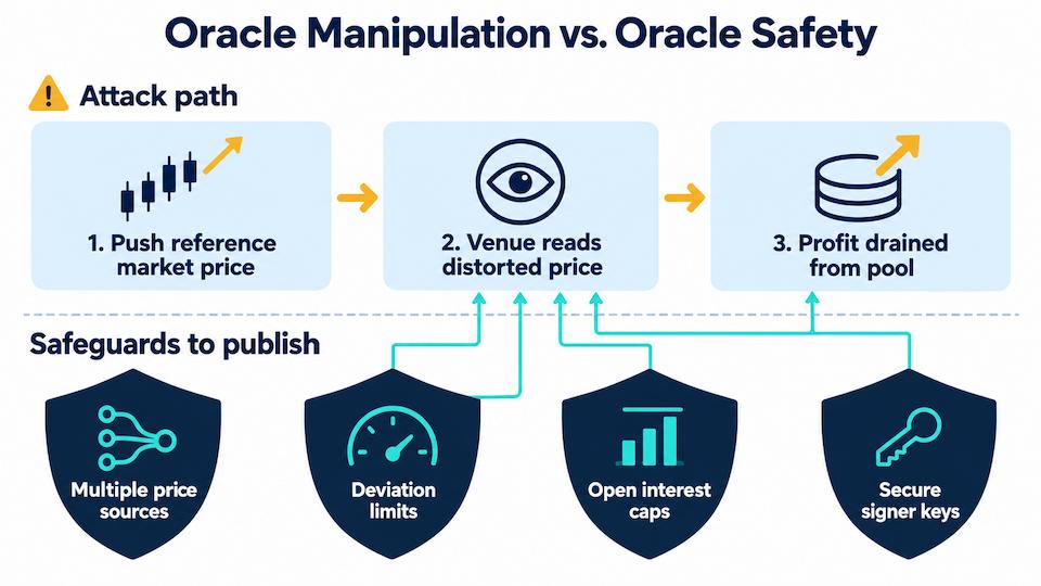 Diagram comparing an oracle manipulation attack path on a perpetual DEX with the four safeguards that block it: multiple price sources, deviation limits, open interest caps and secure signer keys