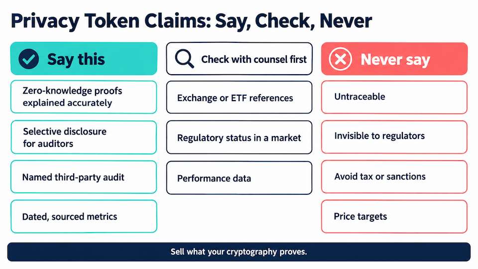 Three-tier chart of privacy token marketing claims grouped as safe to say, check with counsel first, and never say, with example phrases for each