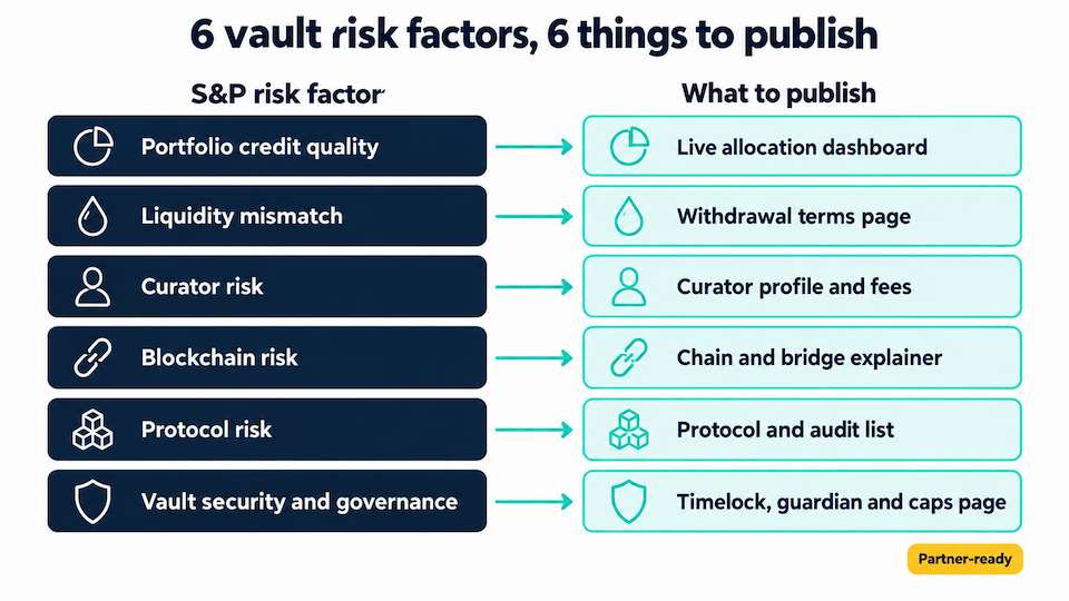 Diagram mapping S&P's six vault risk factors to the trust content a DeFi vault should publish, from allocation dashboards to governance pages