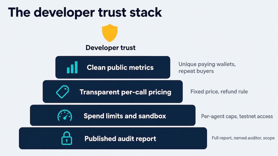 Layered diagram of the developer trust stack for AI agent crypto projects: published audit, spend limits and sandbox, transparent per-call pricing and clean public metrics