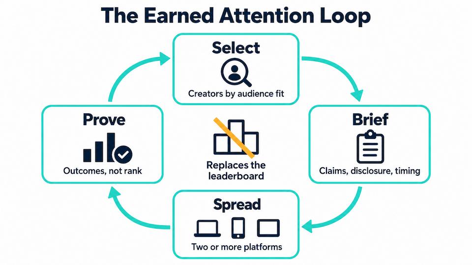 Blockchain App Factory's Earned Attention Loop showing four stages: Select, Brief, Spread and Prove