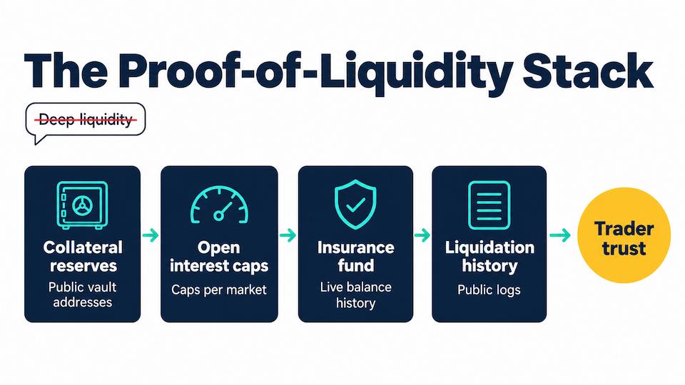 Flow diagram showing the four public proofs a perpetual DEX should publish: collateral reserves, open interest caps, insurance fund balance and liquidation history