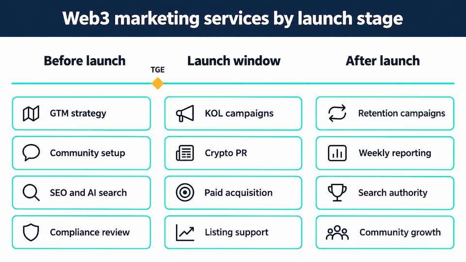 Web3 marketing agency services mapped to launch stages: strategy and community before launch, creators and PR at launch, retention and search after launch