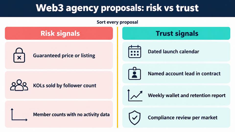 Web3 marketing agency proposal signals compared: risk signals such as guaranteed listings beside trust signals such as dated launch calendars and wallet-level reporting