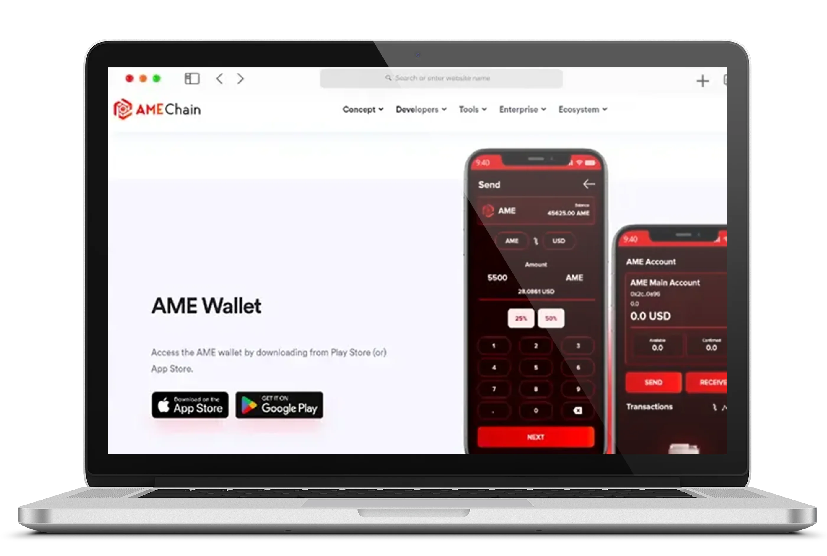 AME Chain Web3 ecosystem interface on laptop