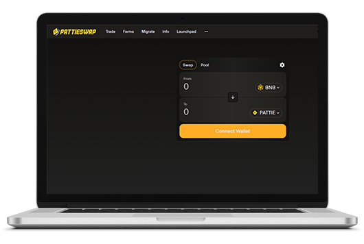 PattieSwap decentralized exchange and launchpad interface on laptop 