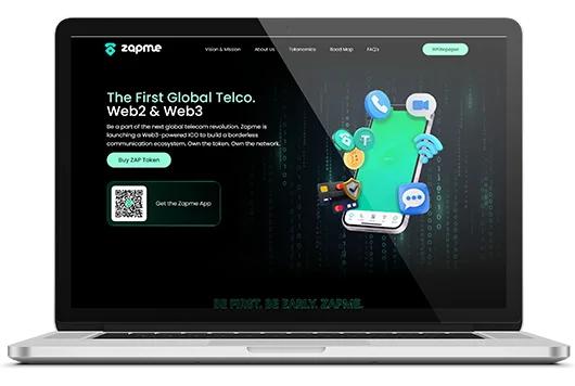 Zapme Web3 telecom super app dashboard on laptop